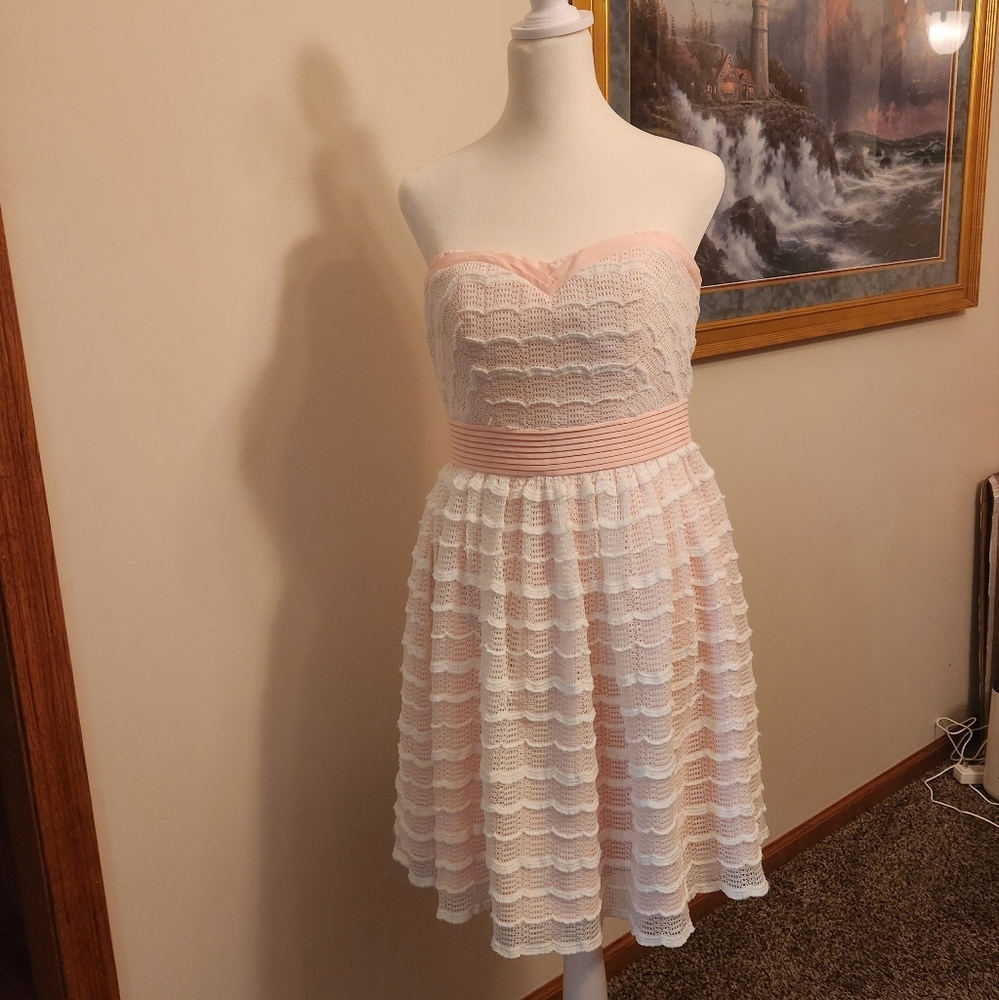 Strapless Pink and White Lace Fit-and-Flare Dress